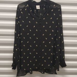 L CABI BLACK Rose SHEER EMBROIDERED ROSES PINK GREEN RUCHED flowy TOP large